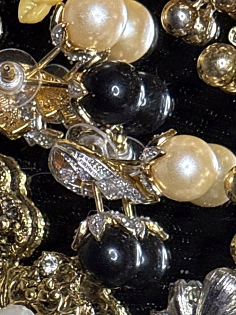 Vintage Black Bead Faux Pearl Dangle Earrings Gold Tone